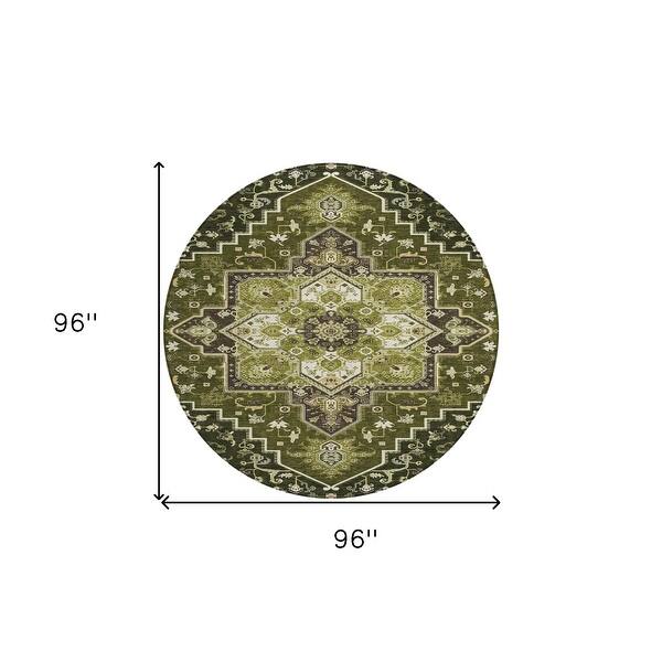 8' Olive Green Ivory And Brown Round Oriental Washable Indoor Outdoor ...