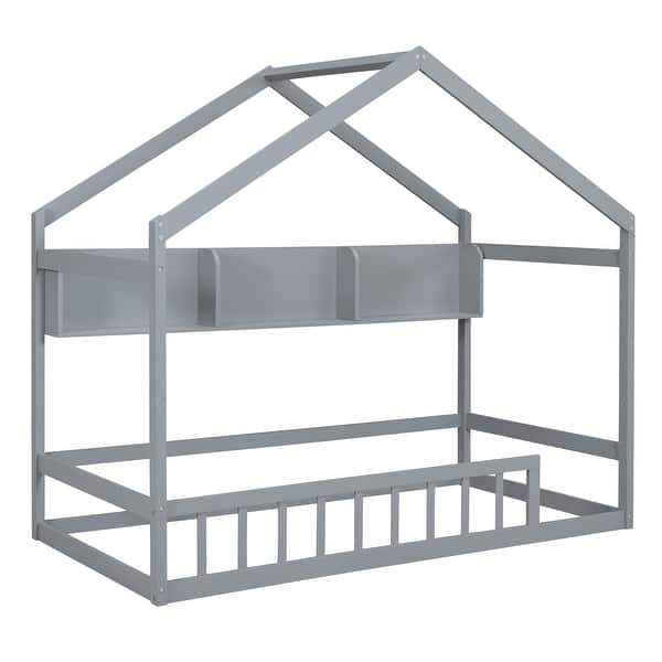 slide 2 of 20, Playhouse-Themed Twin House Bed with Roof, Fence & Storage Shelf Gray