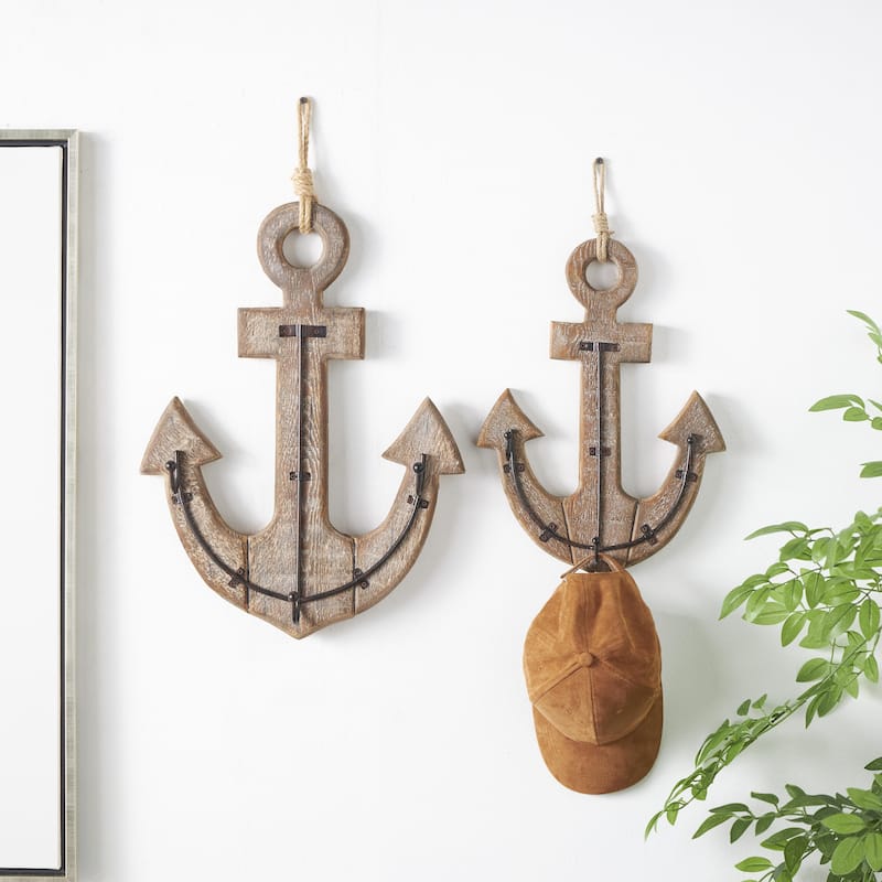 Wood Anchor Whitewashed 4 Hanger Home Wall Hook with Hanging Rope and Bronze Metal accents - Set of 2 Brown - Roche River Decor