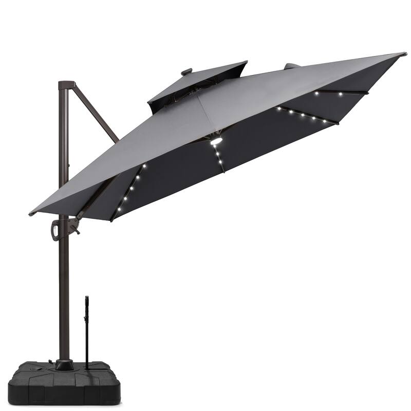 10X13 FT Outdoor Cantilever Patio Umbrella Solar LED Light with Rod Base - DarkGrey