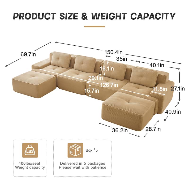 Roomfitters No Assembly Modular Sofa, 117 Inch Corduroy 3-Seater with Piping, Camel