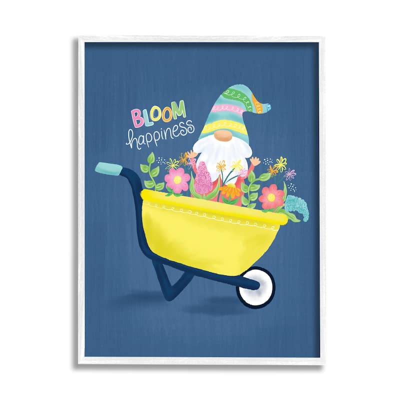 Stupell Bloom Happiness Phrase Yellow Flower Wagon Gnome Framed Wall Art - Blue