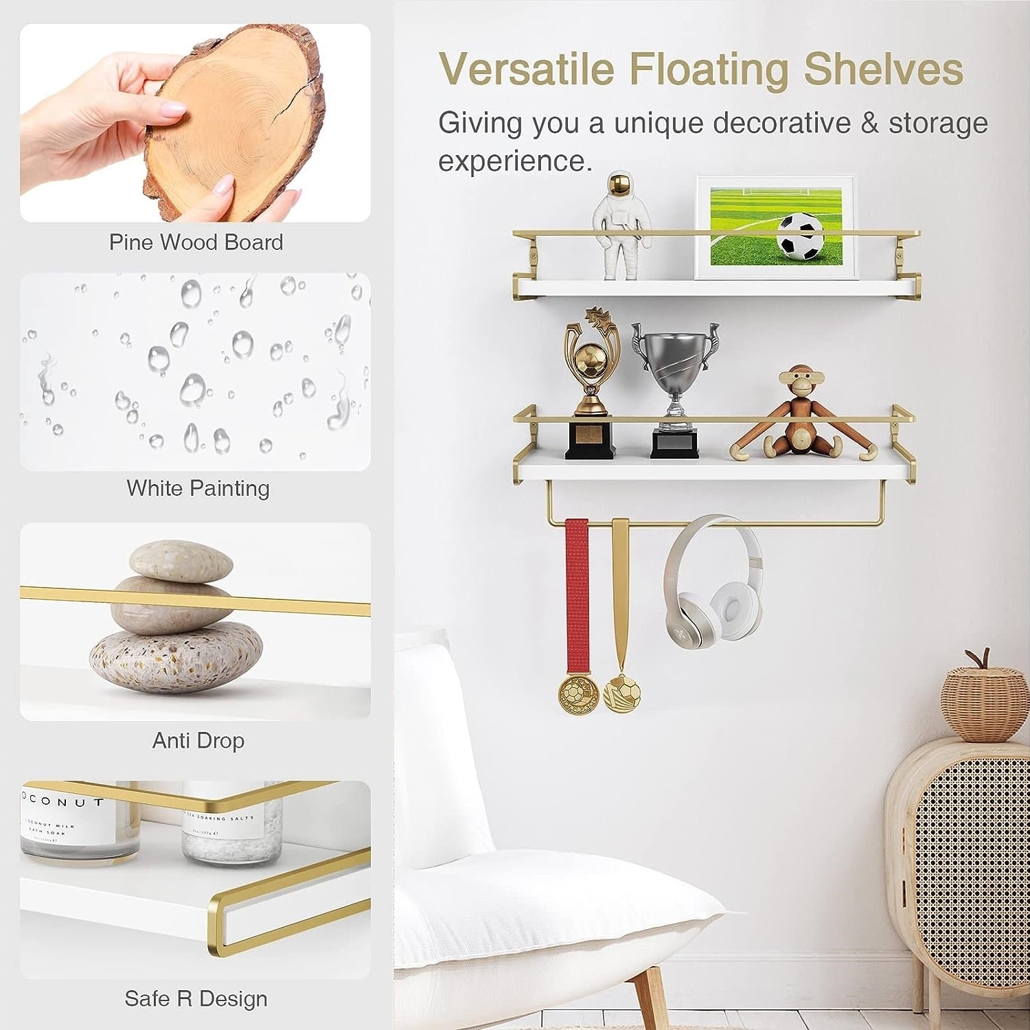 White Floating Shelves with Golden Towel Rack - Set of 2 Wall