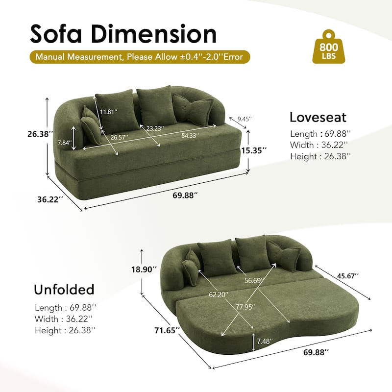 Modern 2-in-1 2-Seater Sofa Folding Sofa Bed with 4 Pillows, Chenille Fabric, for Apartment Living Rooms, Green