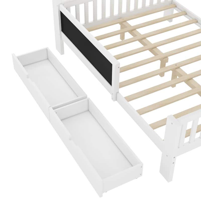 Childlike Fun Solid Wood Low-profile Platform Bed Storage Bed Frame with Side Chalkboard, Open Shelves, Drawers and Guardrails