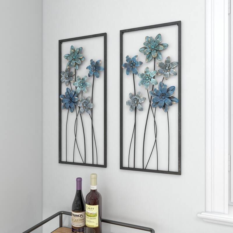 Teal Metal Floral Home Wall Decor with Black Frames and Gold Accents (Set of 2)
