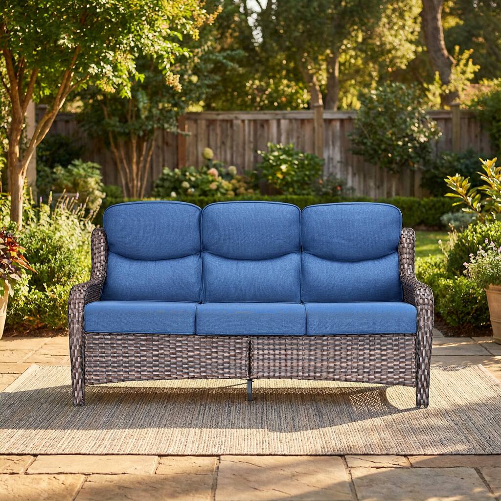 Pocassy Outdoor Wicker 3 Seat Sofa with 5 In Thick Cushion Patio Sofa