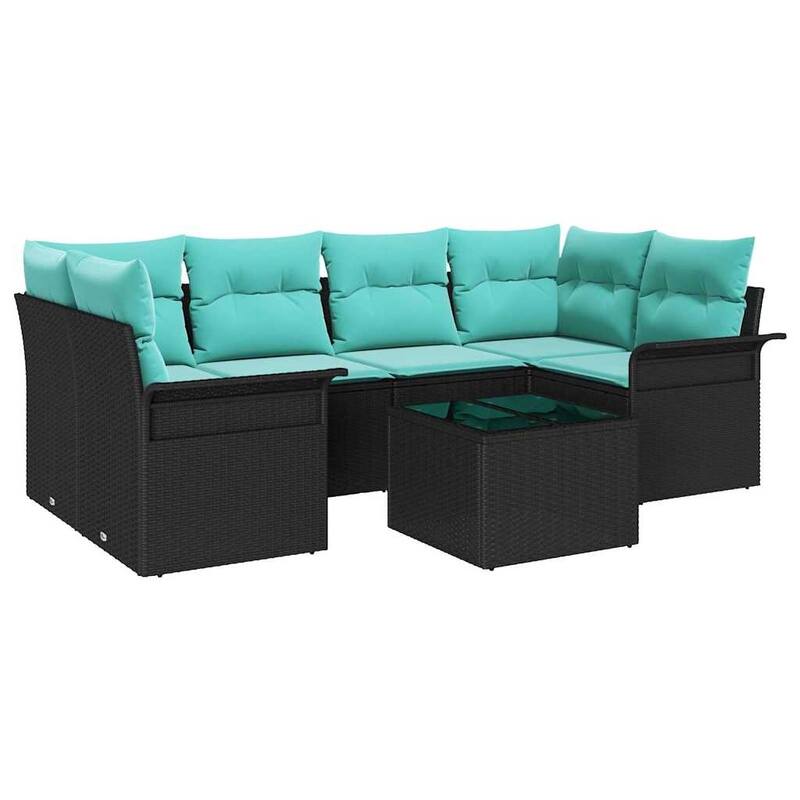 vidaXL 7 Garden Sofa Set with Cushions Black Poly Rattan - 92.1 x 52.2 x 27.2