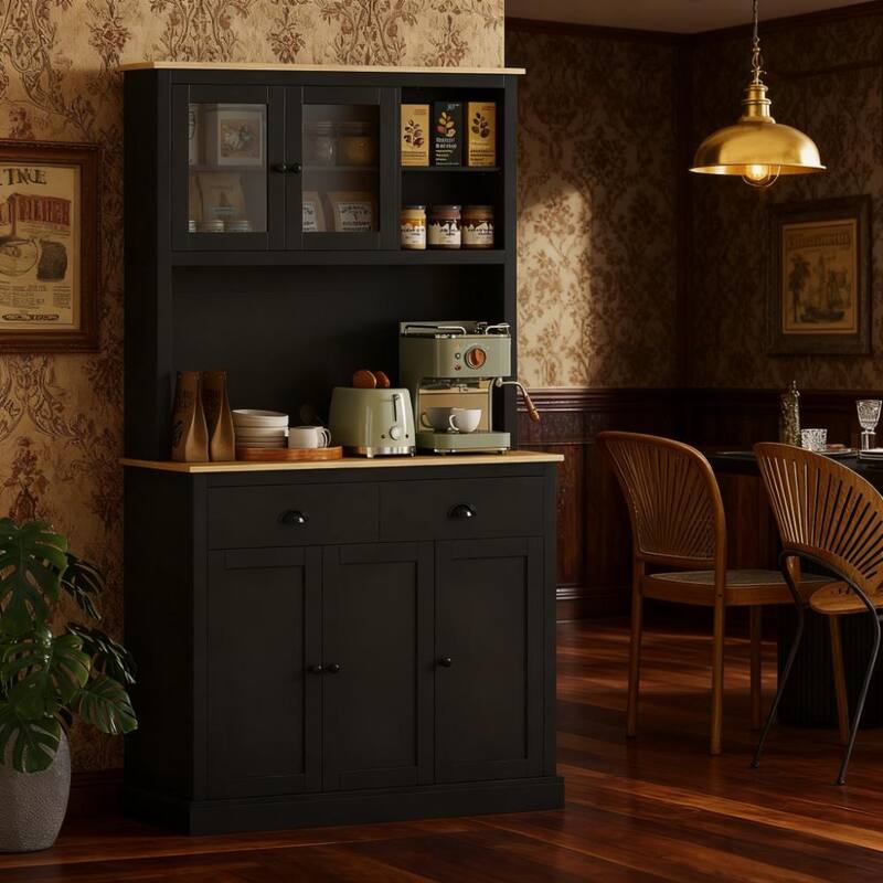 Kitchen Pantry Cabinet, 71" Tall Wood Storage Cabinet with Drawers, Shelves, 5 Doors Freestanding Cupboard with Countertop - Black