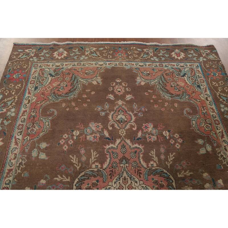 Hand Knotted Oriental 100% Wool Carpet Traditional Floral Brown Tabriz Area Rug - 9' 4'' X 5' 11''