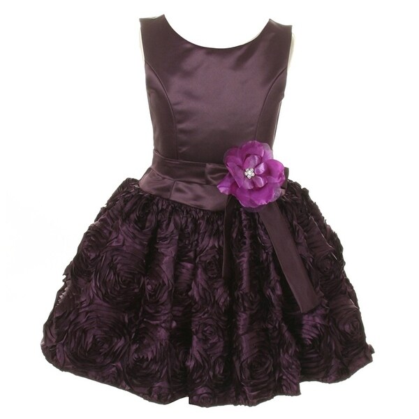 Little Girls Purple Satin Embroidered Rosette Dropwaist Flower Girl