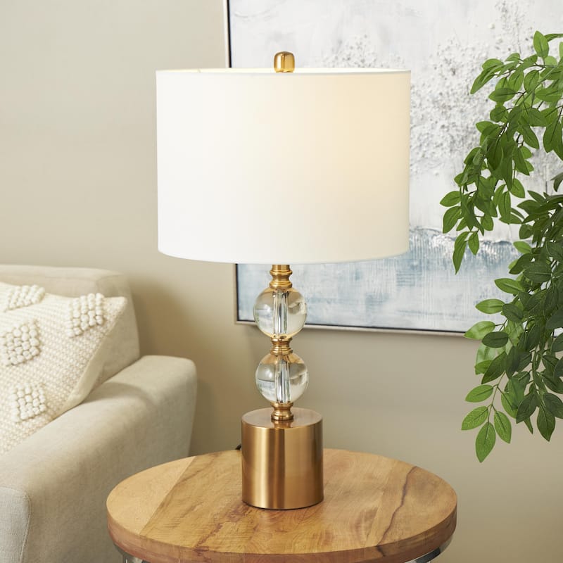 Clear Crystal Stacked Orbs Room Table Lamp with White Drum Shade and Gold Base - Clear