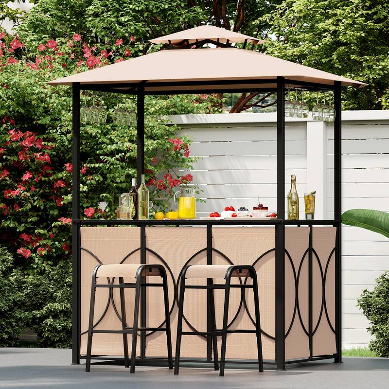 6.5 x 4 x 8 FT Grill Gazebo Set with 2 Bar Stools and Bar Table-Brown - Brown