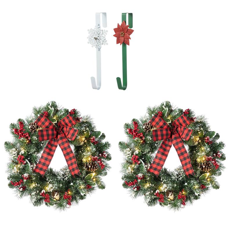 Glitzhome 24"D Snow Berry Twig Ball Pinecone Holly Pine Wreath with Lights & Timer