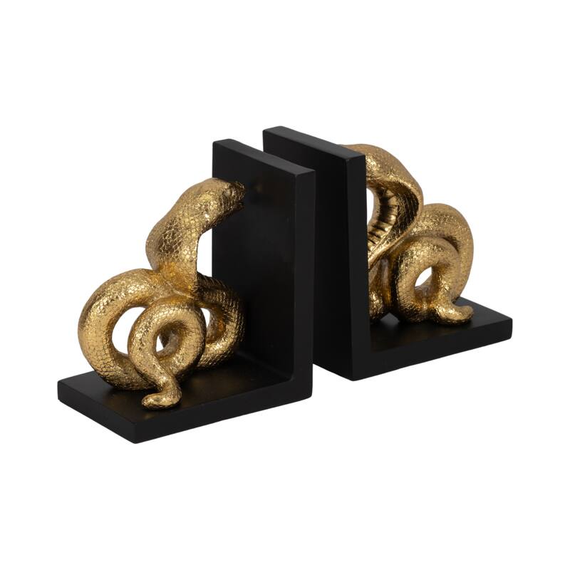 Modern Resin Snake Bookends on L-Shape Base - 6", Black & Gold - 5.75"