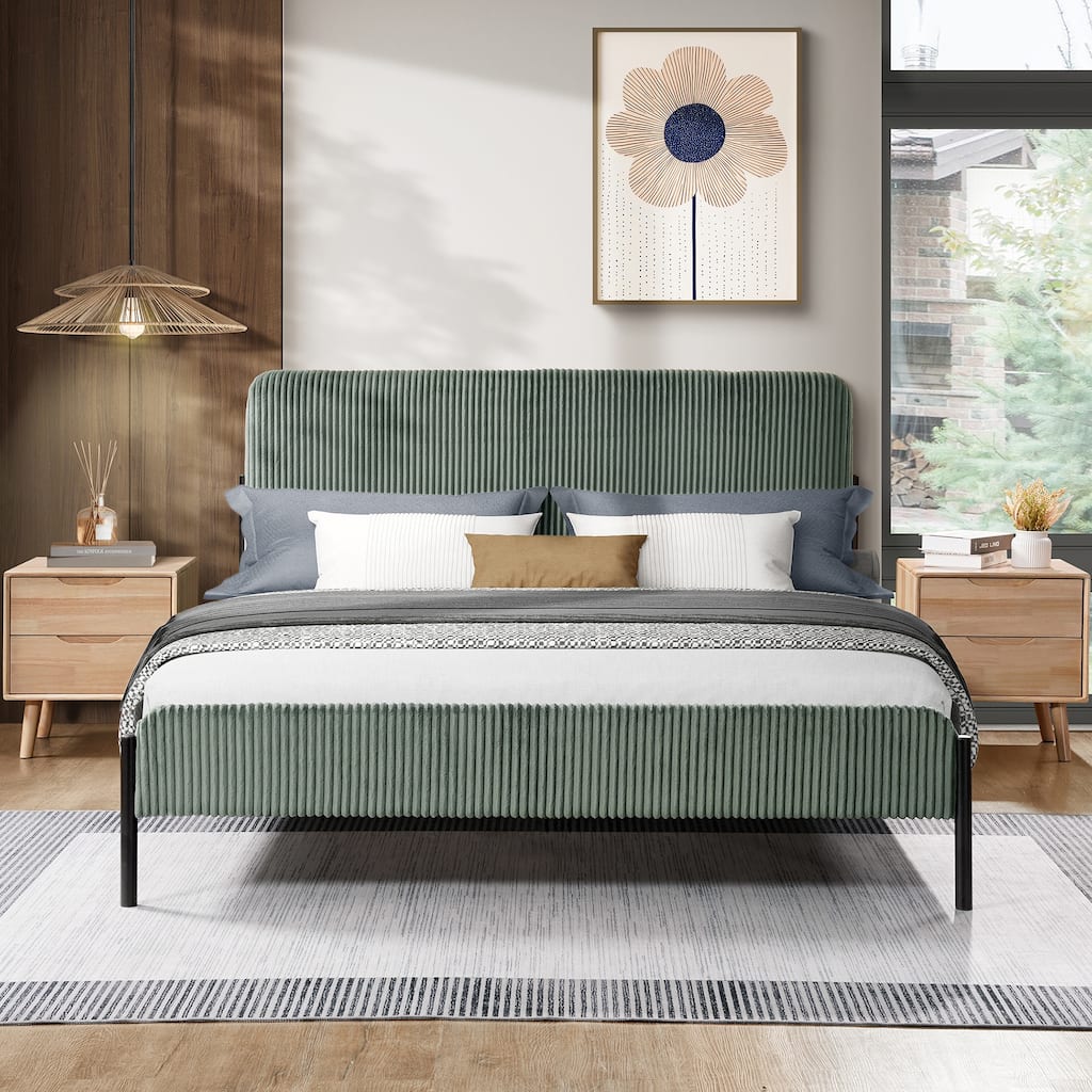 Corduroy Upholstered Bed Frame, Rounded Corners Design Queen Platform Bed, Slat Support