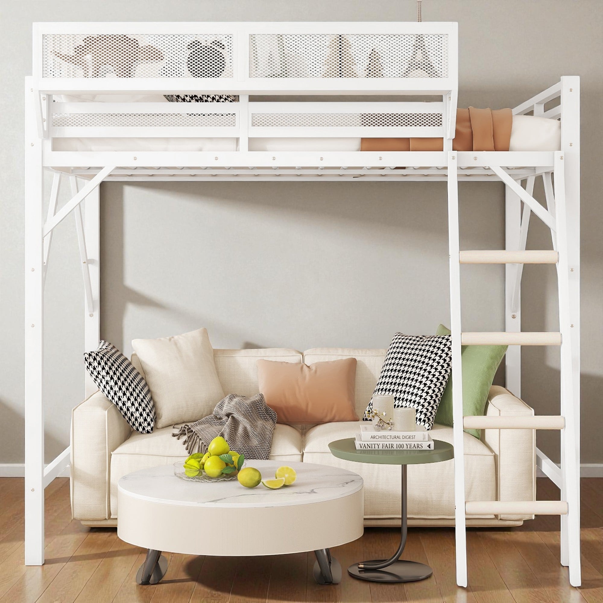 Queen Size Metal Loft Bed with Ladder and Storage Shelves, High Loft Bed Frame for Kids and Teens