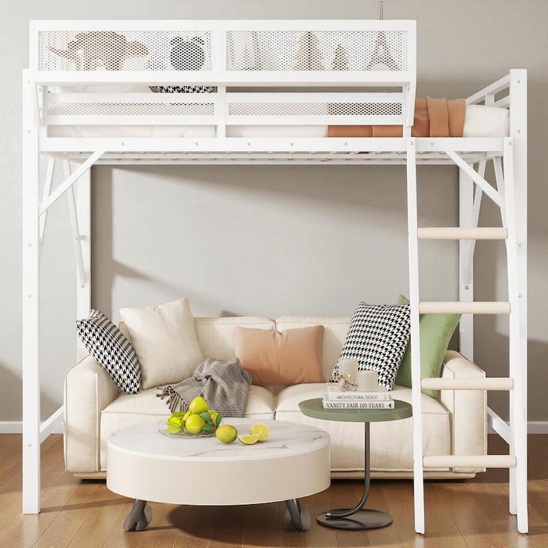 Queen Size Metal Loft Bed with Ladder and Storage Shelves, High Loft Bed Frame for Kids and Teens - White - Queen