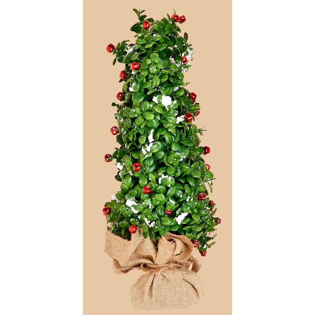 21" Snowy Boxwood and Bell Tree in Burlap Base