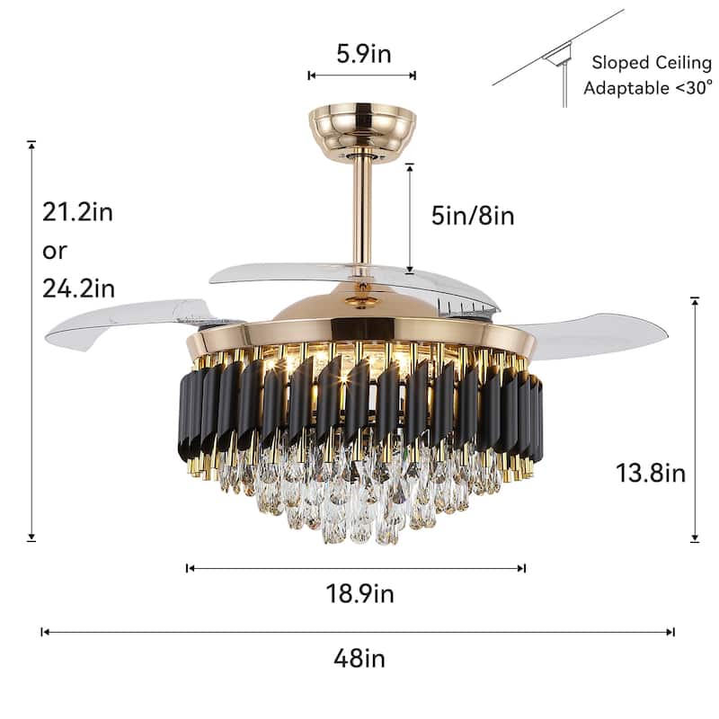 48" Crystal Fandelier Ceiling Fan with Light and Retractable Blades LED Dimmable for Bedroom Living Room - 48 Inches