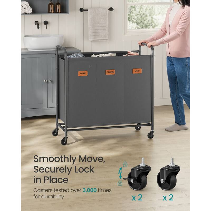 Slate Gray 3-Section Laundry Sorter with Wheels Durable Steel & Oxford Fabric Hamper - 170L