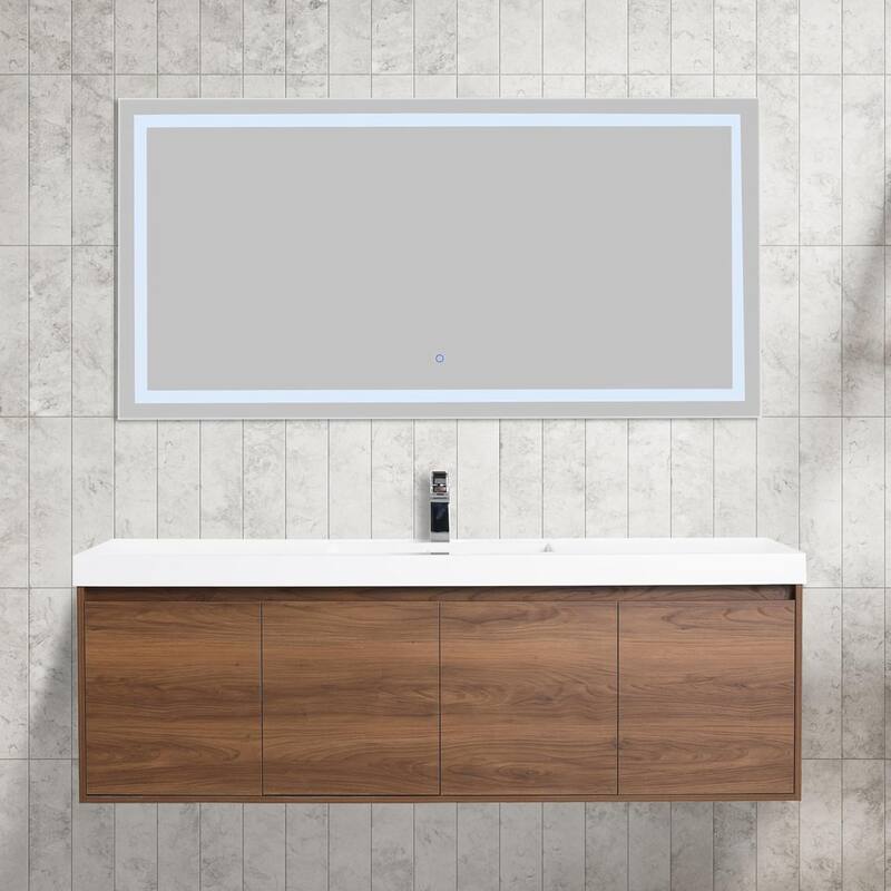 Blossom 60" Wall Mount Vanity with Single Acrylic Sink, Modern Design - Brown Walnut