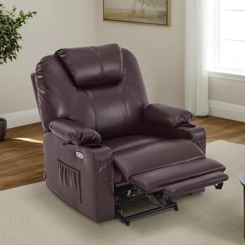 MCombo Medium-Wide Power Lift Recliner Chair Sofa with Massage and Heat for Elderly People, Faux Leather R7045