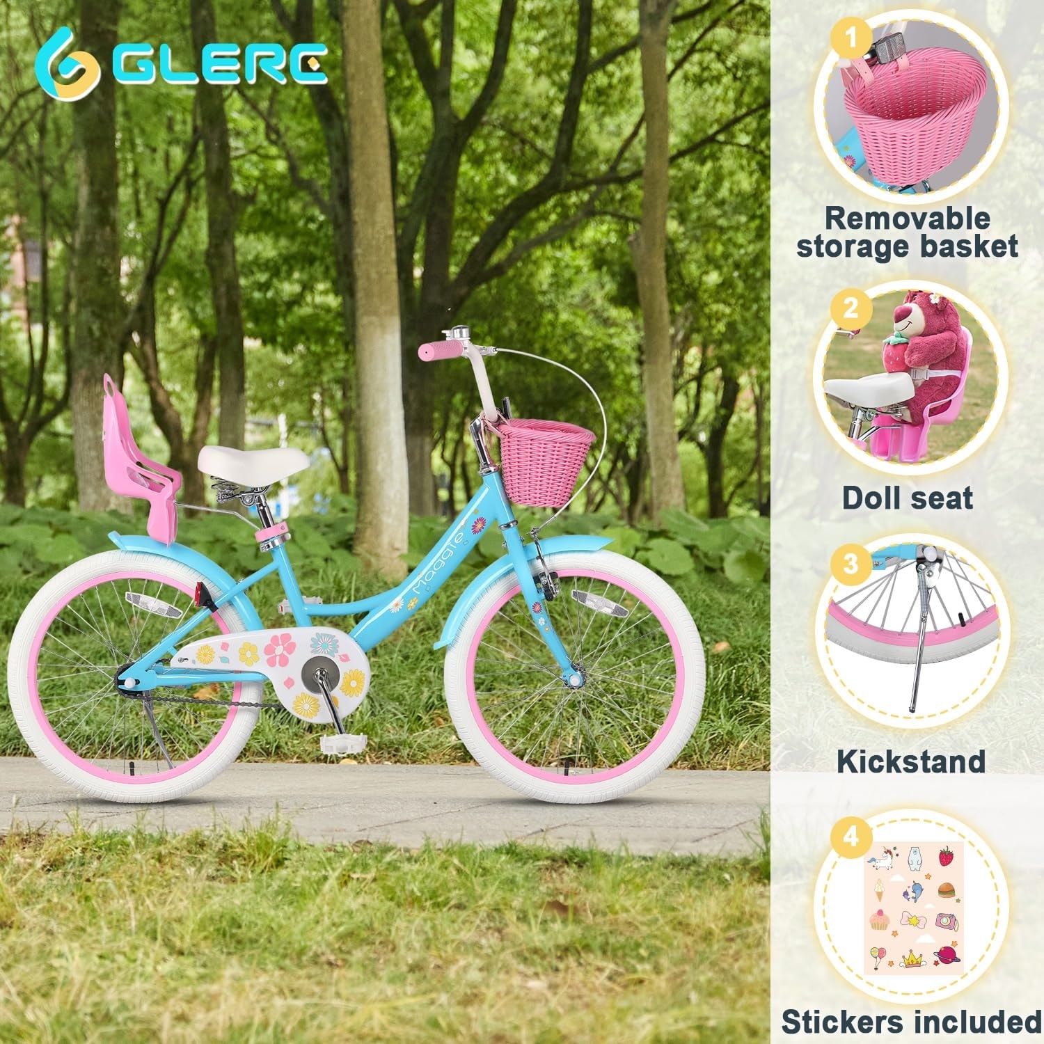 20 Inch Bike Ages for 1 13 Year Old Girls Princess Style with Doll Seat Basket Kickstand for Gift Blue