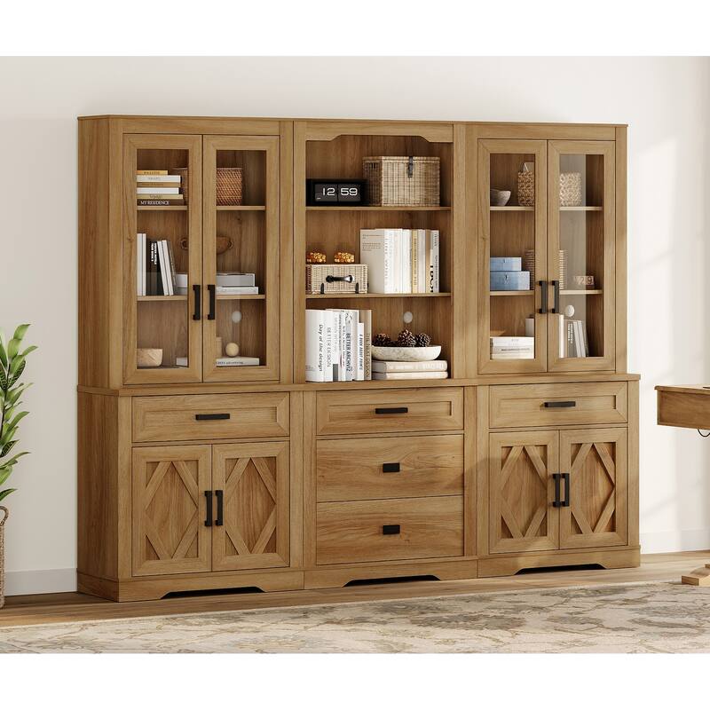 3-Column 73.3" Tall Bookshelf Set with Open Storage and Glass Doors