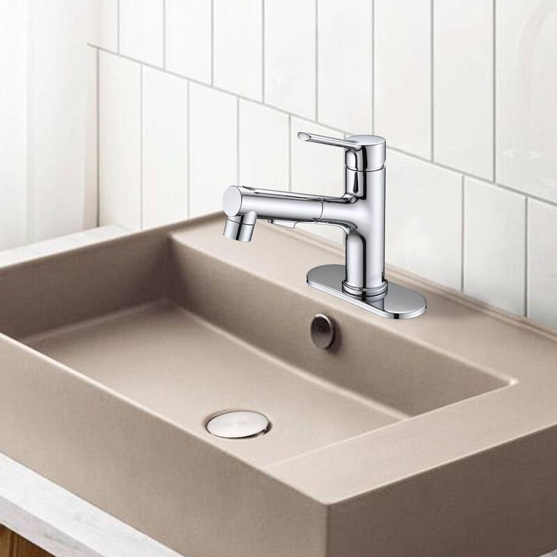Stainless Steel Bathroom Faucet with Pull-Out Sprayer & 3 Settings