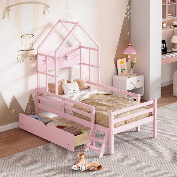 slide 2 of 18, Wood House Bed Frame,Twin Platform Bed with Guardrail and Drawer Pink - Twin