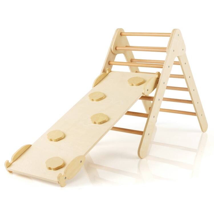3-in-1 Wooden Climbing Triangle Set Triangle Climber with Ramp - 34" x 19" x 29" (L x W x H)