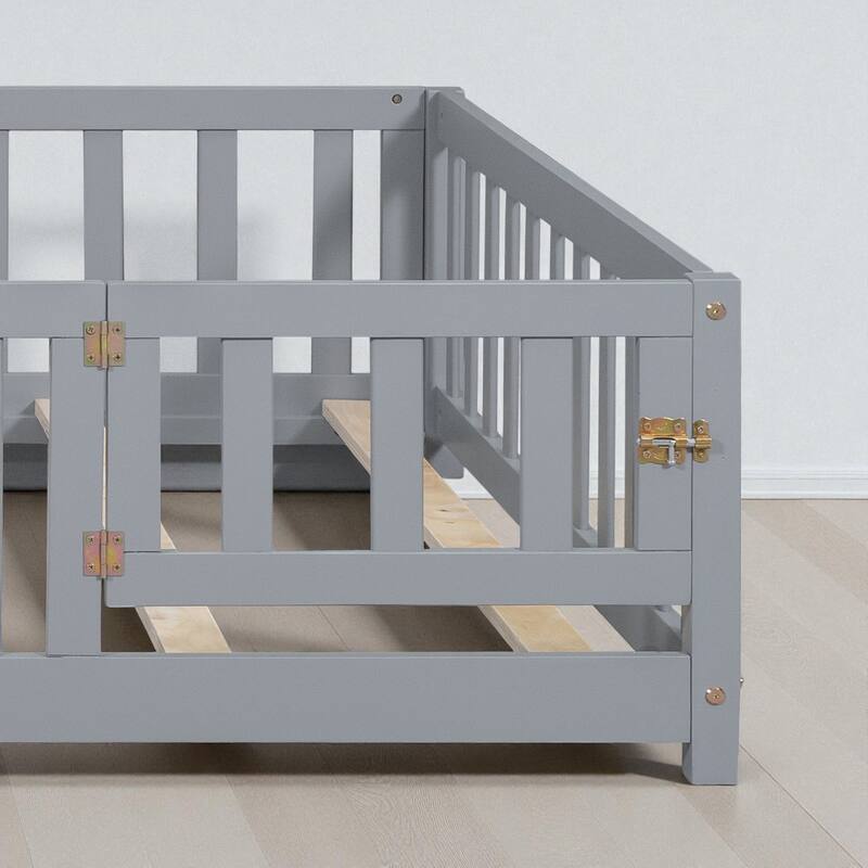 Full Size Montessori Floor Bed with Fence and Door, Solid Wood Platform Bed with Slats for Kids and Toddlers