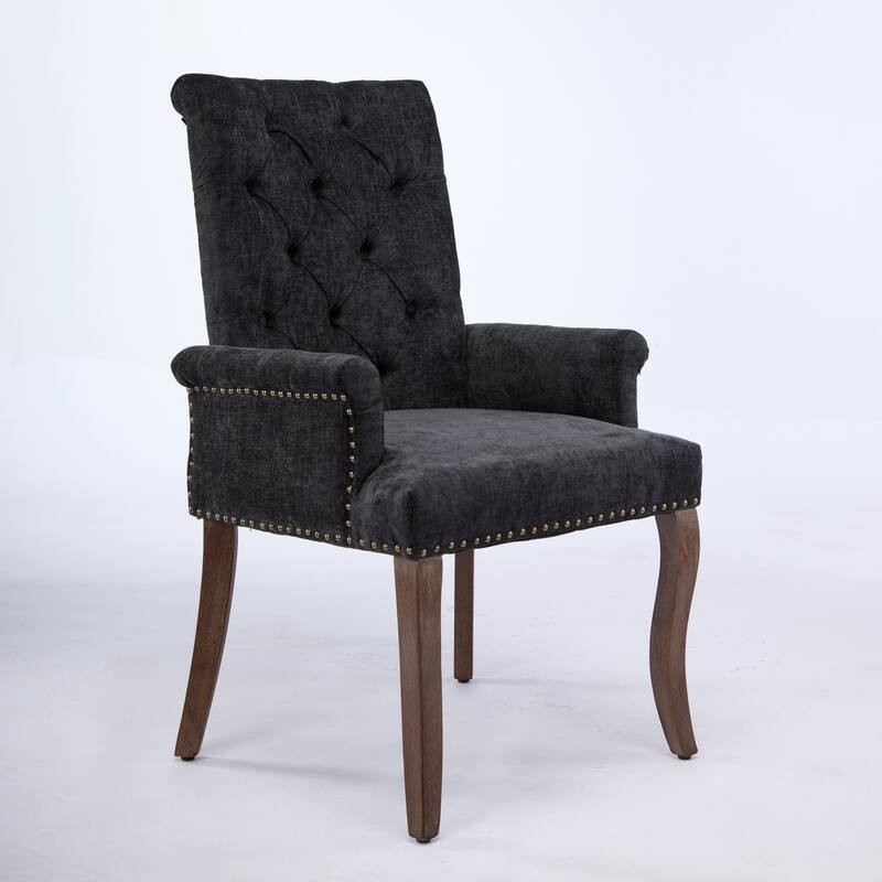 Upholstered Chenille Dining Chairs, Tufted Accent Armchairs with Curved Solid Wood Legs, Dining Room Arm Chair