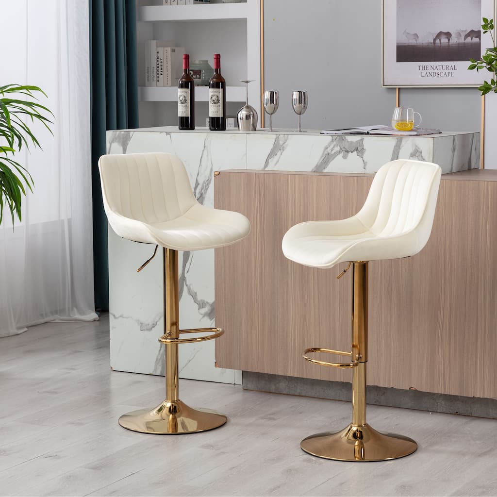 Set of 2 Adjustable Swivel Bar Stools, Ivory Velvet with Chrome Footrest & Gold Legs