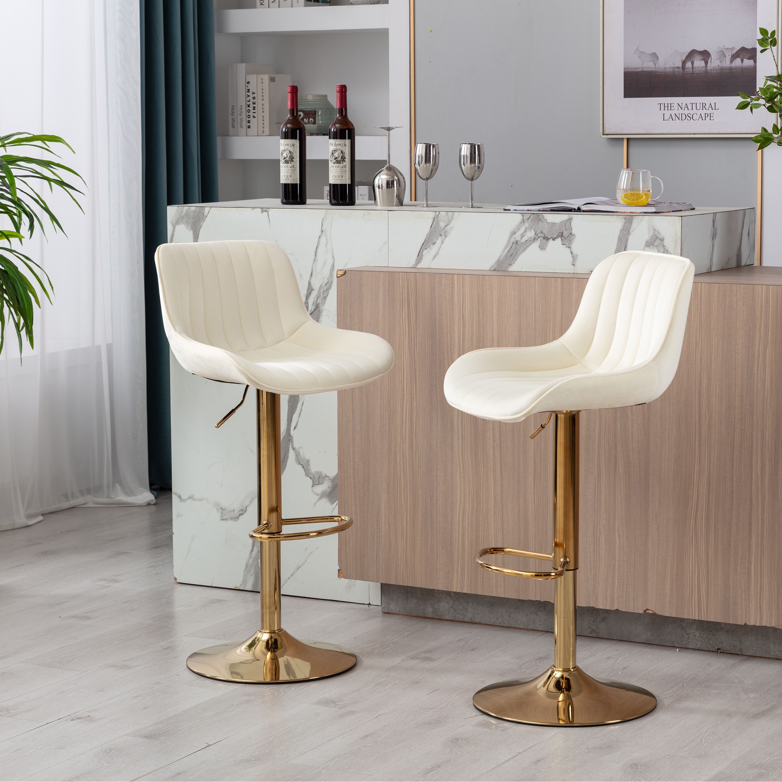 Set of 2 Adjustable Swivel Bar Stools, Ivory Velvet with Chrome Footrest & Gold Legs