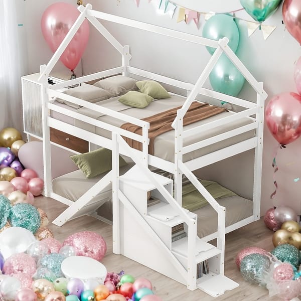 slide 2 of 18, Twin Over Twin House Loft Or Bunk Bed With Slide And Staircase for Home White