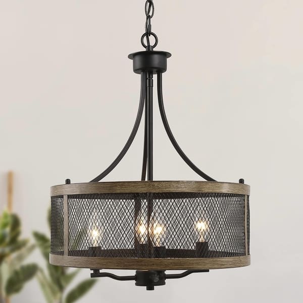 slide 2 of 13, Deun Modern Farmhouse 4-Light Drum Mesh Cage Wood Grain Chandelier for Dining Room
