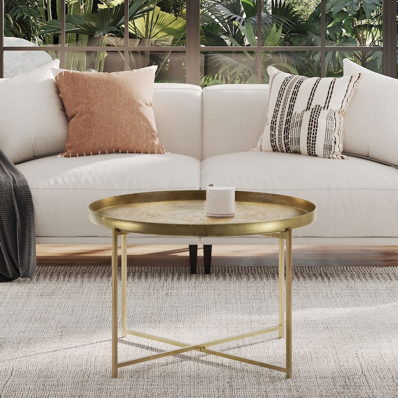 Eros Antique Brass-Finish Etched Floral Tray-Top Accent Table by East at Main