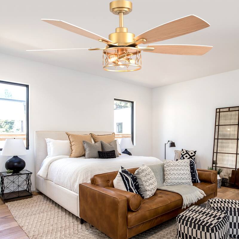 Bella Depot 52" Modern Gold Ceiling Fan with Light and Remote 6-Speed Large Caged Ceiling Fan