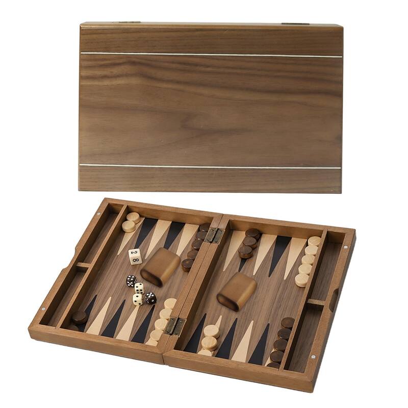 GSE™ 11" Premium Wooden Inlay Backgammon Board Game Set, Portable Folding Backgammon Board Game with Game Pieces - 11-Inch - Brown