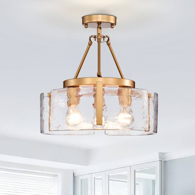 Reina 3-Light Water Textured Glass Panel Drum Semi Flush Mount - Glossy Brass