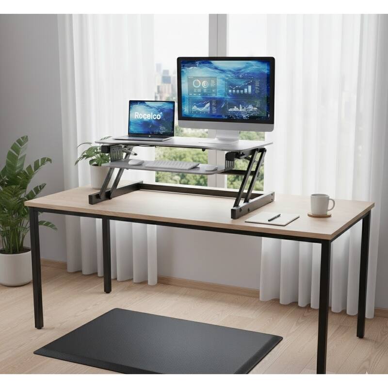 Rocelco 32 in. W Gray Height Adjustable Standing Desk Converter with Anti Fatigue Mat and Dual Monitor Riser System
