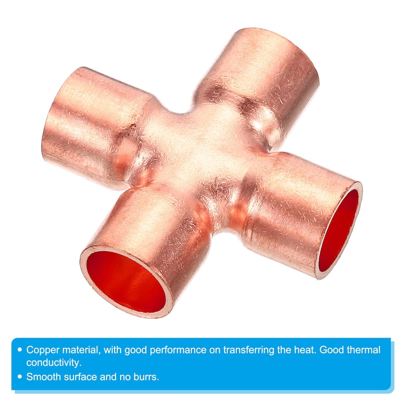 2pcs 1/2 Inch ID Copper Cross Pipe Fitting 4 Way Copper End Feed Equal Connector - Copper Tone