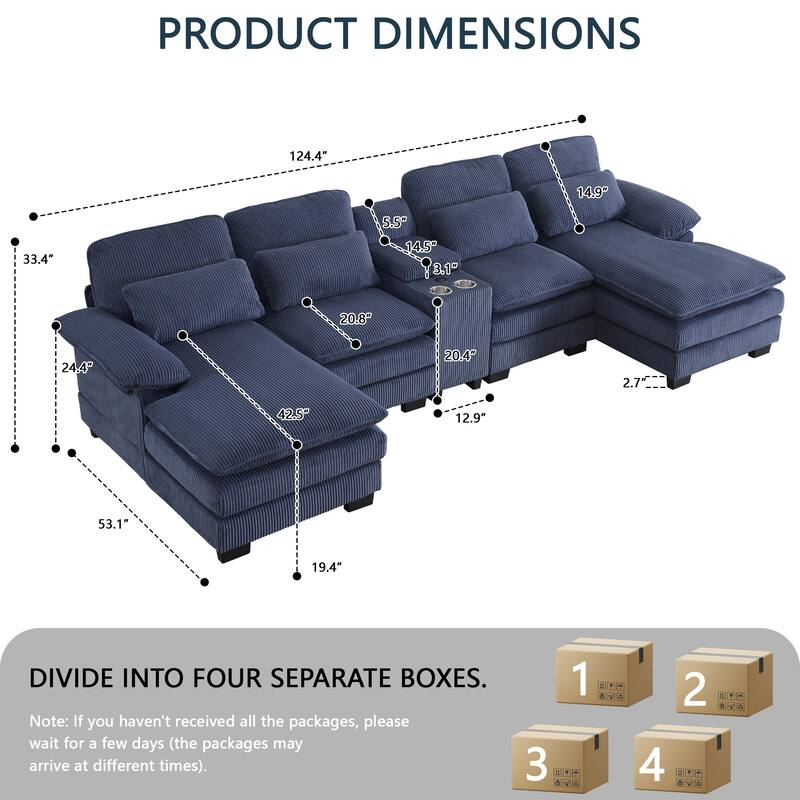 124" Modern Modular Sofa with Double Recliner and USB Port with Center Console