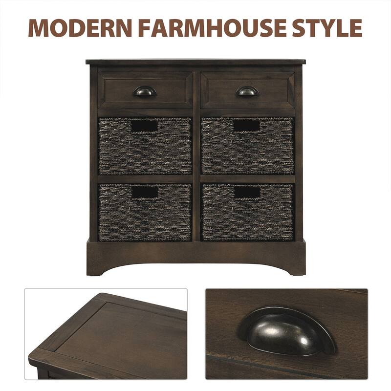 Rustic Storage Cabinet with Two Drawers and Four Classic Rattan Basket