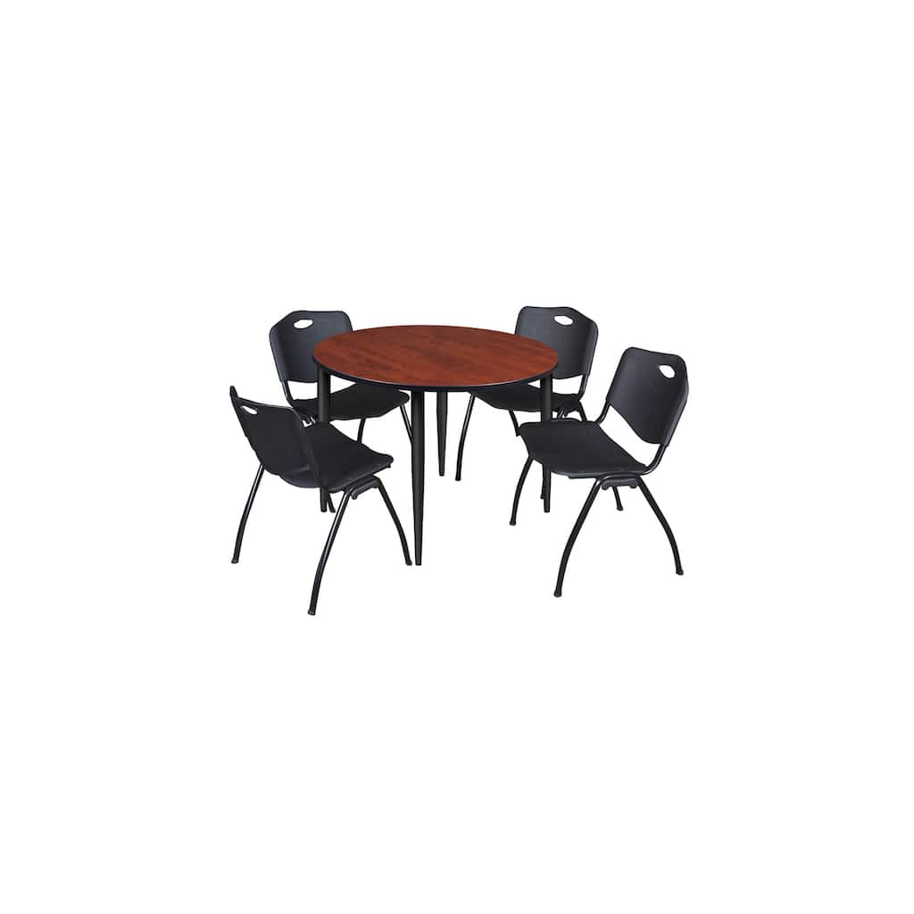 48 in. Round Breakroom Table- Cherry Top, Black Base & 4 M Stack Chairs- Black