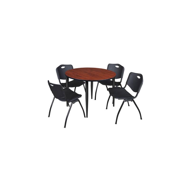 48 in. Round Breakroom Table- Cherry Top, Black Base & 4 M Stack Chairs- Black