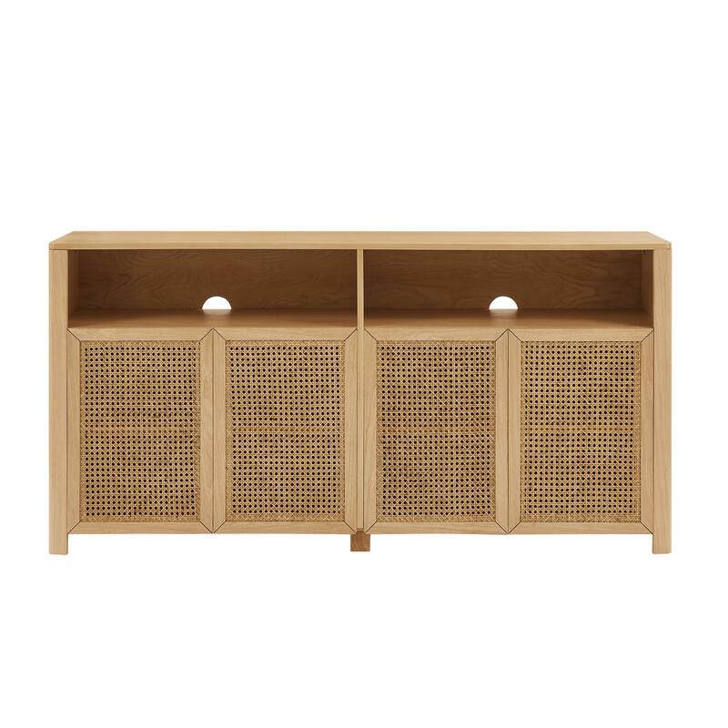 63" Rattan Sideboard Buffet Cabinet, Mid-Century Modern Credenza with Storage, Retro Coffee Bar & Wine Bar for Kitchen