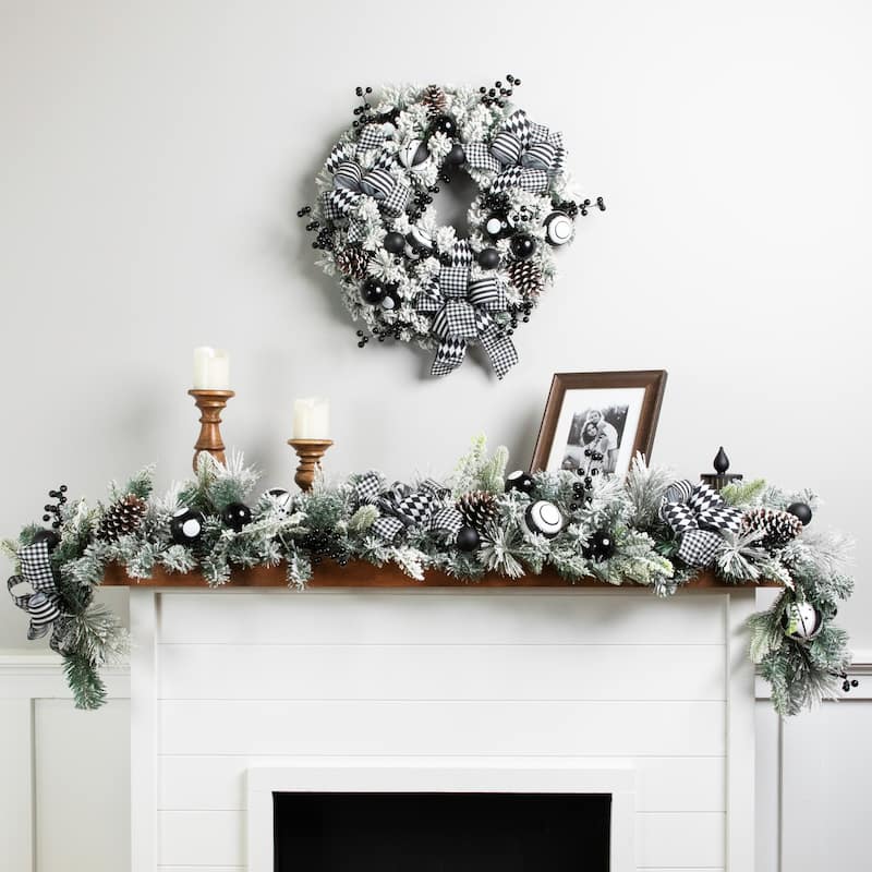 Flocked Pine with Harlequin Bows and Ornaments Christmas Wreath - 24" - Unlit